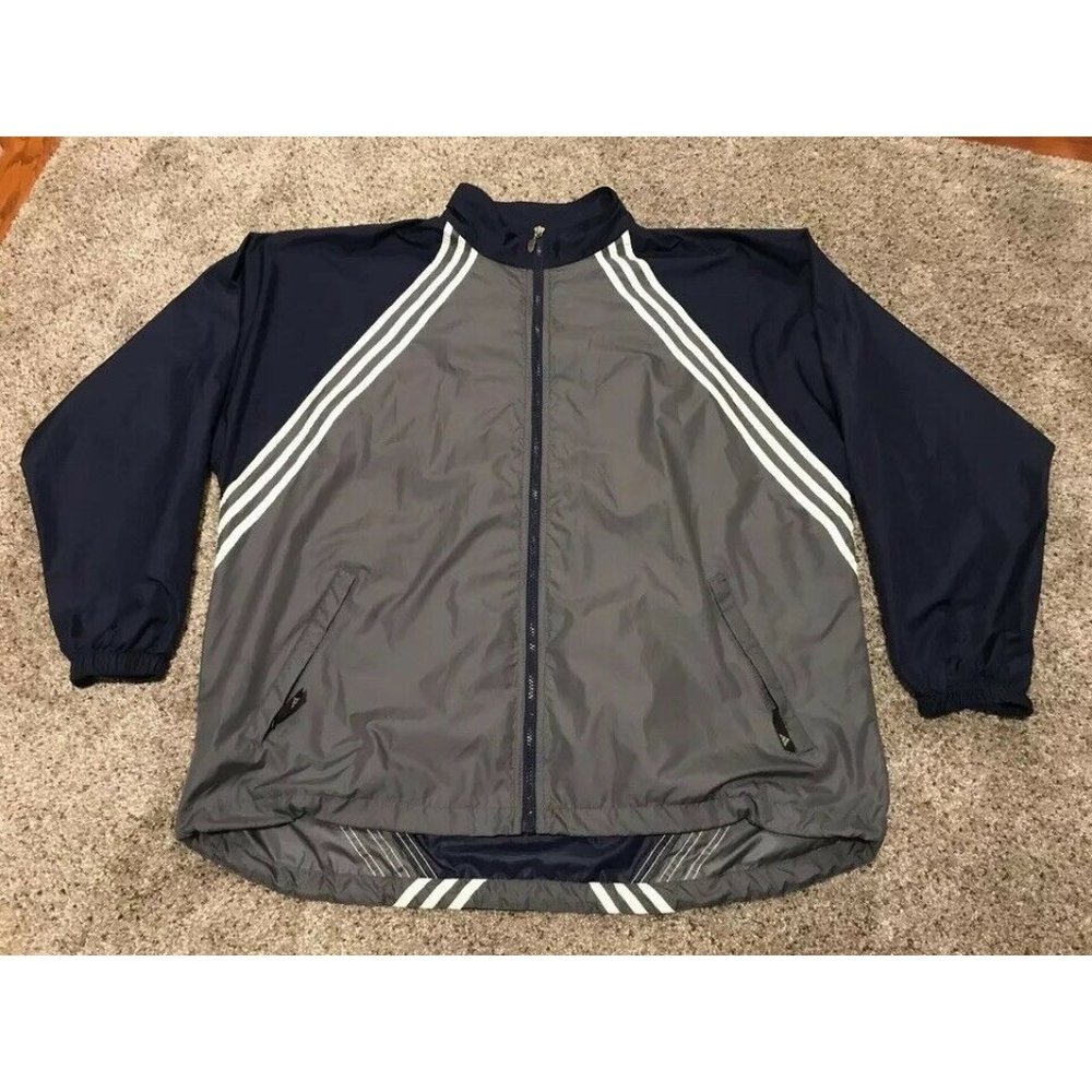Vintage 90's Men's Large Adidas 3 Stripes Navy/Gray Full Zip Windbreaker Jacket
